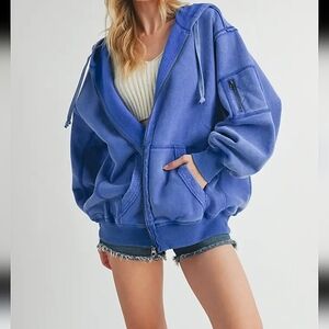 Aemi+Co Exposed Seam Zip-Up Drawstring Jacket Zip Up Washed Blue S,M & L NWT$98